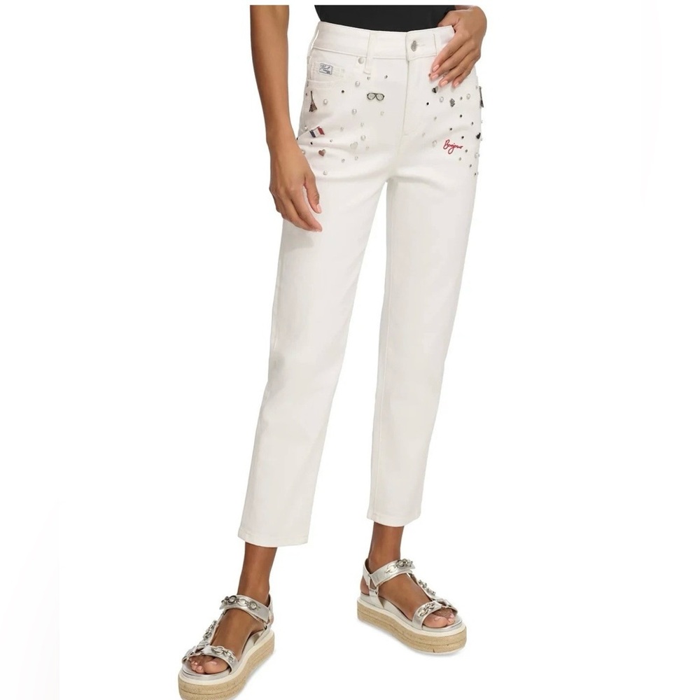 NWTs Karl Lagerfeld Paris High Waist White embellished straight leg jeans - Sz 2